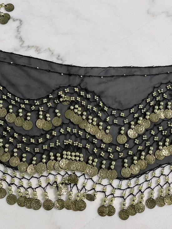 Black Coin Fringe Belly Dance Hip Scarf - Gold Coins - Picture 5 of 5